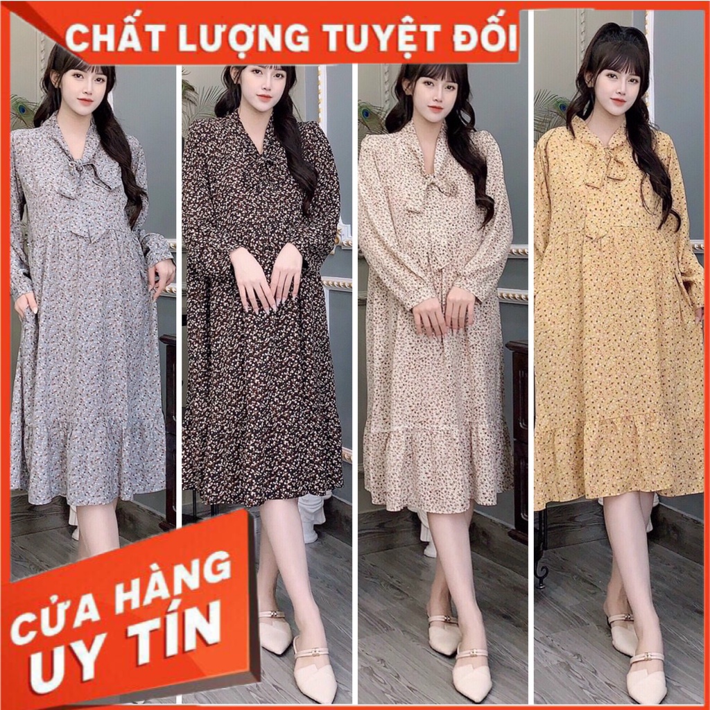 [HÀNG SĂN SALE] Váy Bầu Hoa Nhí Dáng Dài Thu Đông Dài Tay Cổ Nơ Phong Cách Vintage, Đầm Bầu Chụp Ảnh Đẹp chất voan lụa Hàn 40-70kg