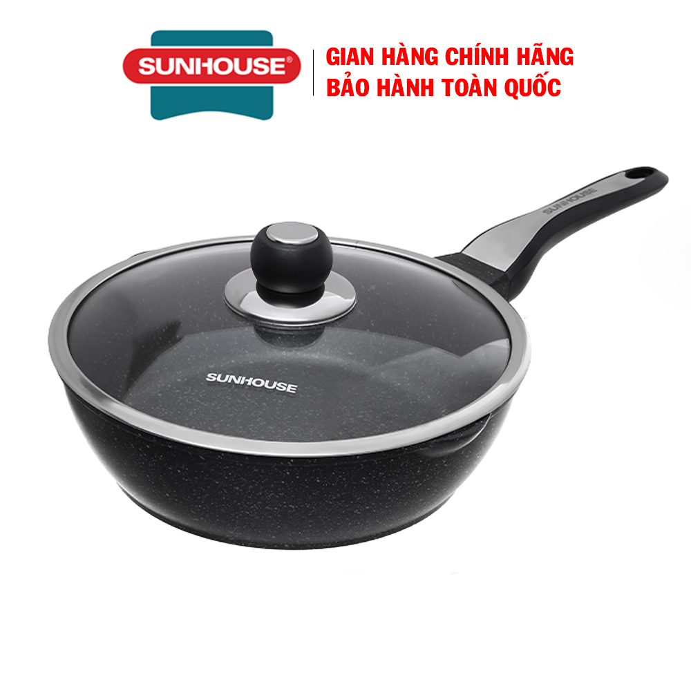 Chảo chống dính Sunhouse SHG1228MBA, Có vung kính, Đường kính 28cm, Dùng được trên bếp từ