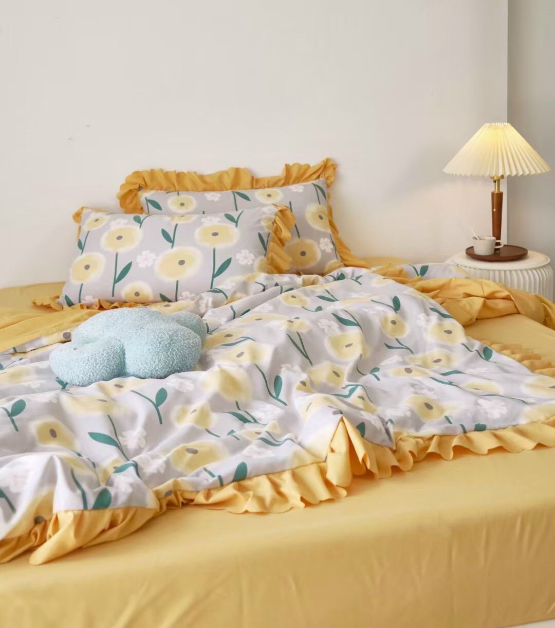 Bộ chăn chần hè [ mềm trần ] ga  gối cotton hoạt tính  phối kết hợp ren bèo  theo phong cách  vintage hàn quốc  , đẹp suất sắc