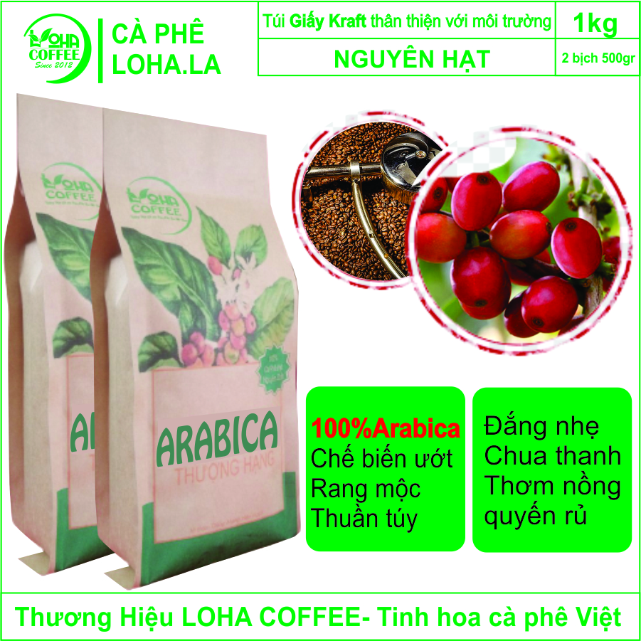 1kg cà phê arabica nguyên chất rang mộc - xuất xứ đà lạt - nguyên hạt - 2 túi giấy kraft 500g - thương hiệu cà phê rang mộc loha coffee- giao hàng nhanh-cà phê nguyên chất -cà phê hạt rang xay