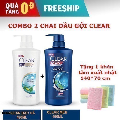 Combo 2 chai dầu gội clear ngăn ngưa gàu làm mượt tóc tặng khăn tắm cao cấp