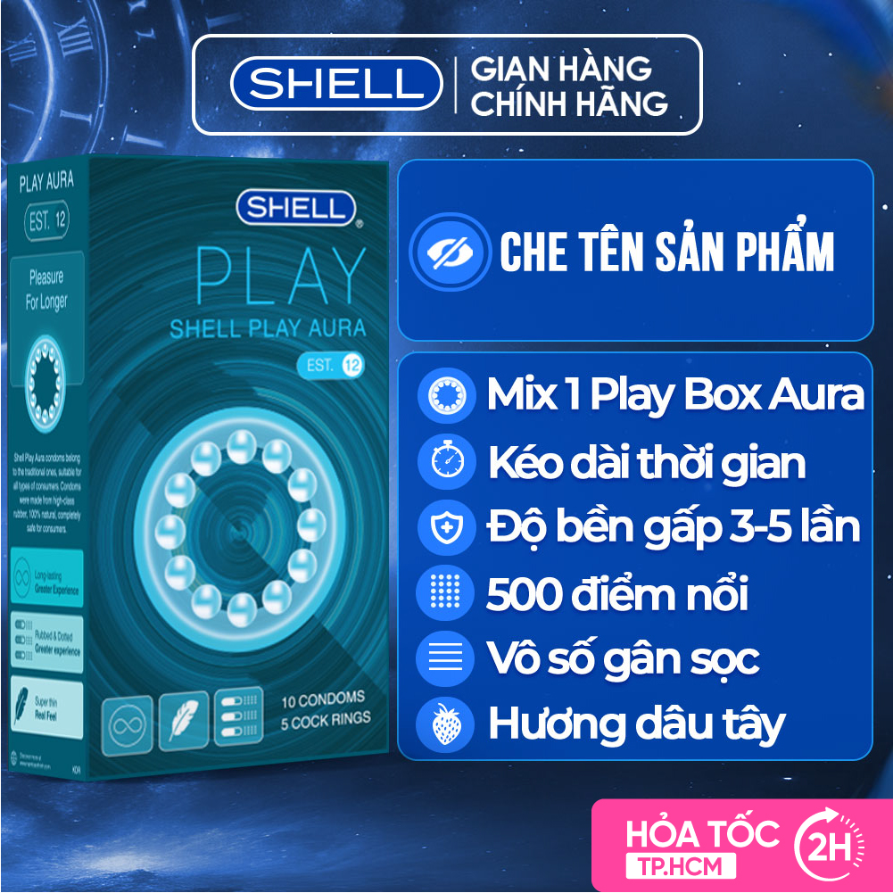 Bao cao su Shell Play Aura - Tổng hợp 6 tính năng - Hộp 10 cái + 5 phụ kiện | SHELL CHÍNH HÃNG
