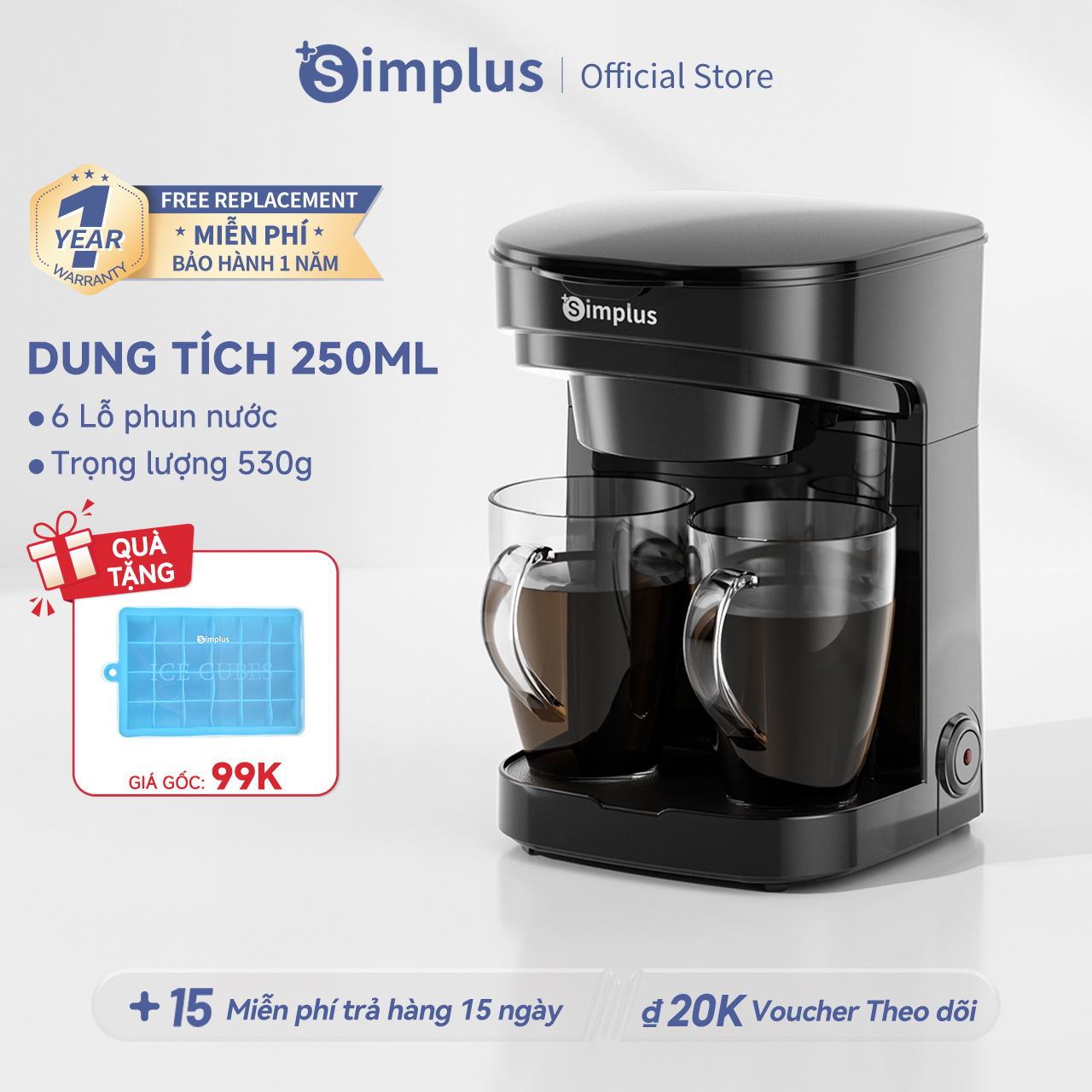 Simplus Máy pha cà phê Máy pha cà phê lọc gia đình  Dung tích lớn 750ml Pha trà pha cà phê tiện dụng- Bảo hành 1 năm 1 đổi 1