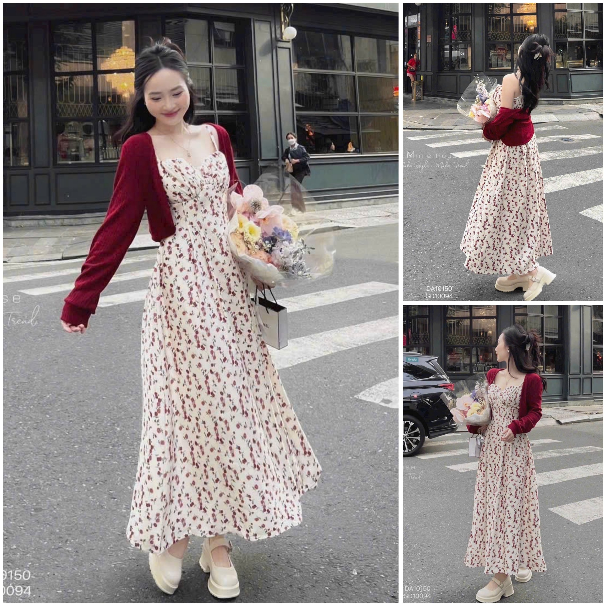 Set Đầm Hai Dây Nhún Ngực Midi Hoa Nhí Đỏ Dễ Thương Mix ÁO Khoác Tay Dài Croptop Tone Đỏ Nhẹ Nhàng Nàng Thơ Dress