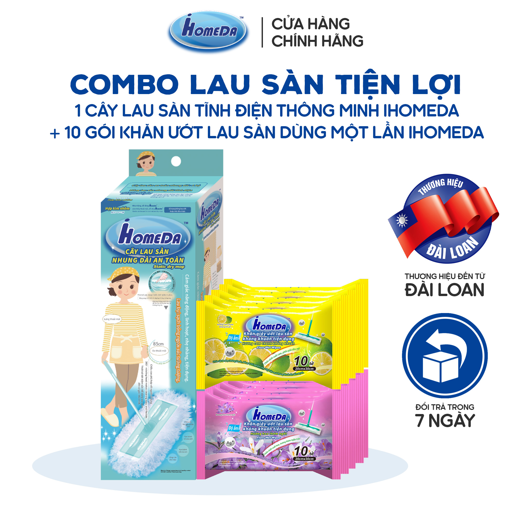 [Combo 1 + 5 + 5] Cây Lau Sàn Đa Năng iHomeDa & Khăn Ướt Lau Sàn Kháng Khuẩn iHomeDa (5 Hương Cam & 5 Hương Hoa) - (10 Khăn/ Gói)