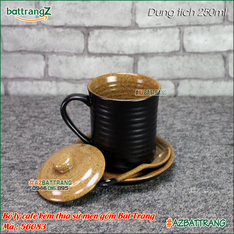 [New] Ly sứ có nắp kèm thìa sứ men gốm Bát Tràng