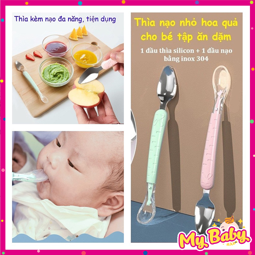 Thìa Nạo Nhỏ Hoa Quả Cho Bé Ăn Dặm 2 in 1: 1 Đầu Silicon Siêu Mềm,1 Đầu Inox 304 Có Răng Cưa Tiện Dụng DC69, Dụng Cụ Ăn Dặm, Đồ Dùng Cho Bé
