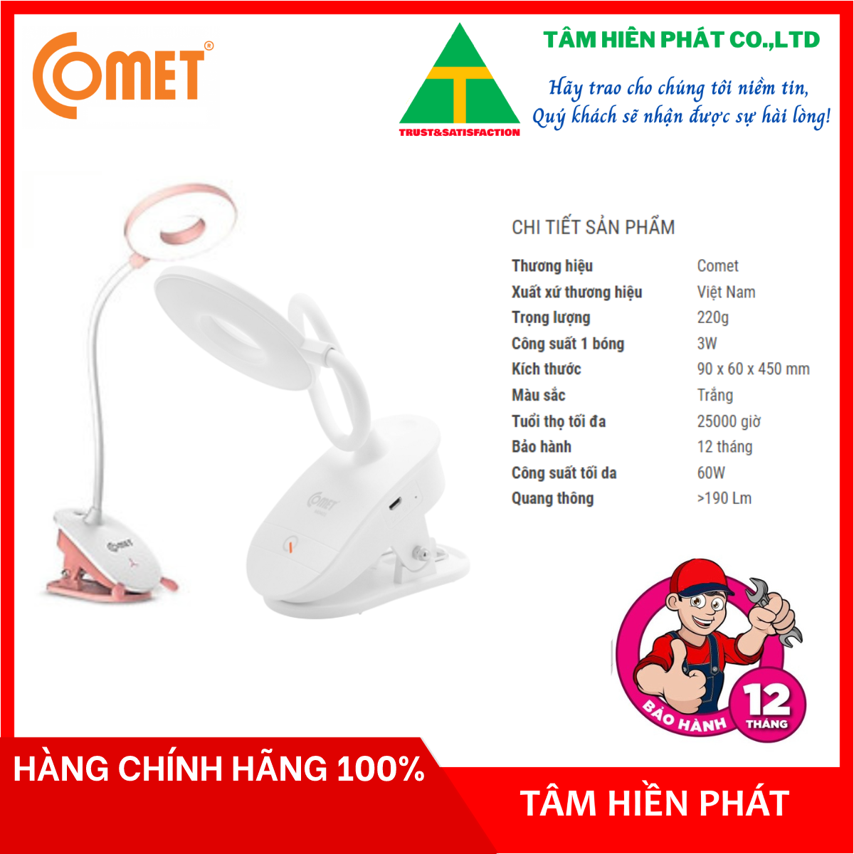 Đèn bàn sạc led comet ct174-màu trắng-chất liệu nhựa abs, pin lithium, ánh sáng liên tục không nhấp nháy , bảo vệ mắt.-hàng chính hãng-bh 12 tháng