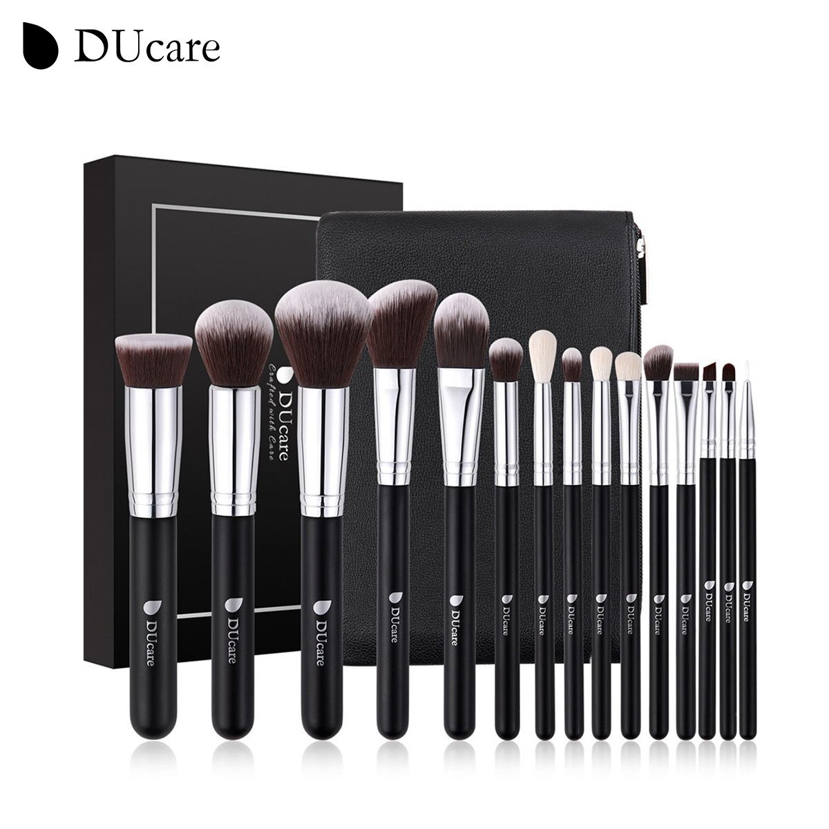 Ducare 15 cái/Bộ Bộ cọ trang điểm với túi, kem nền Kabuki Phấn má hỗn hợp Bút kẻ mắt trán Cọ che khuyết điểm Kit cọ trang điểm công cụ black【post trong 24 giờ & 90 ngày Dịch vụ bảo hành 