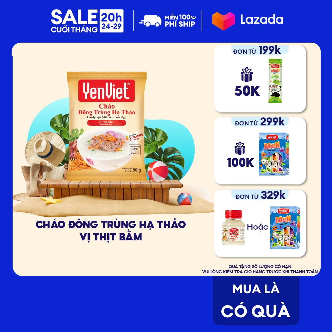 Cháo đông trùng hạ thảo Yến Việt vị thịt bằm, bổ sung vitamin B, không bột ngọt, chất bảo quản, 1 gói x 50g