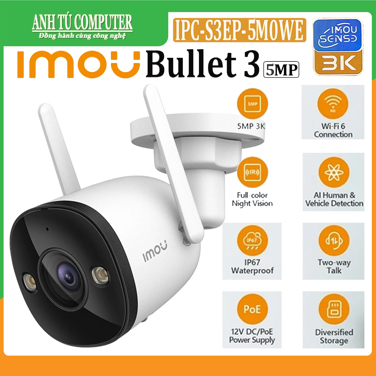 Camera wifi 5mp 3k imou bullet 3 ipc-s3ep-5m0we có đàm thoại, còi hú