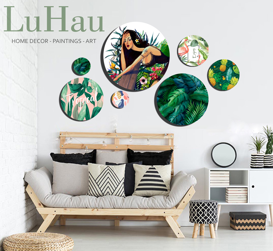 Tranh tròn decor Luhau Tropical nhiệt đới bộ 7 tranh trang trí phòng khách, tranh dán tường 3D được gắn sẵn băng dính 3M