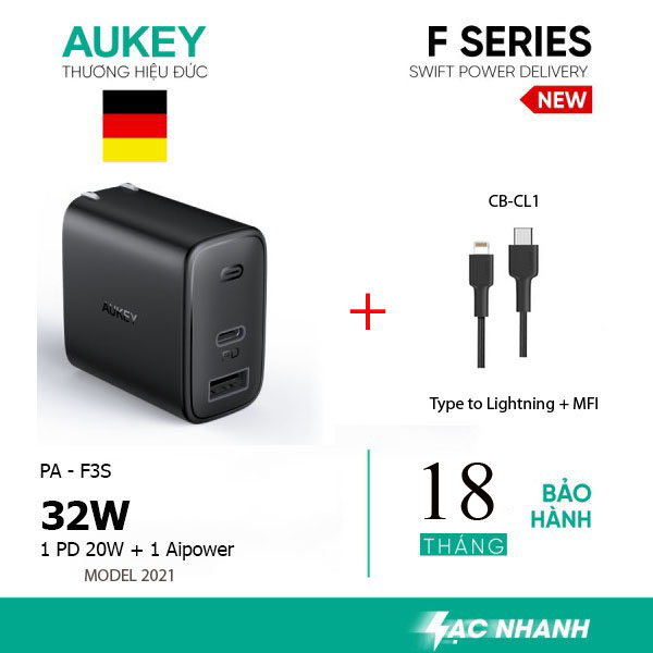 Combo sạc cáp iphone 12 aukey pa-f3s và cb-cl1