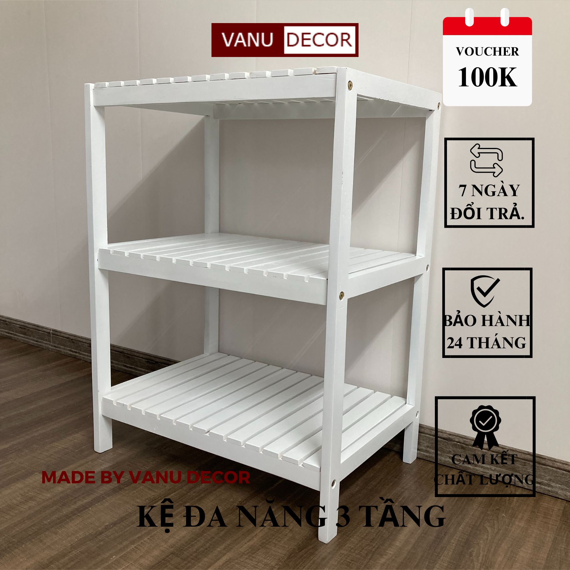 Kệ gỗ đa năng 3 tầng vanudecor , tab đầu giường, kệ đầu giường cao 80cm