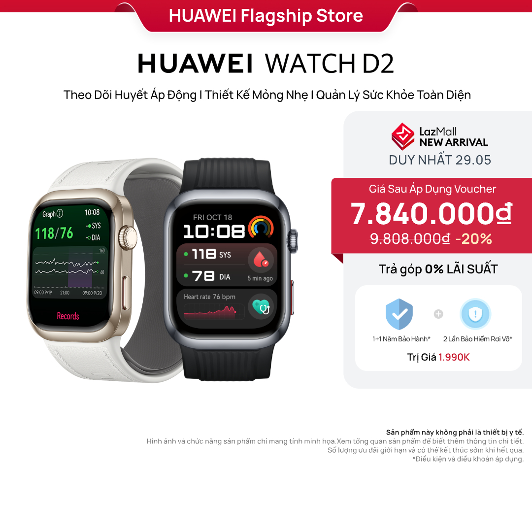 Đồng Hồ Thông Minh HUAWEI WATCH D2 Theo Dõi Huyết Áp Động | Thiết Kế Mỏng Nhẹ | Quản Lý Sức Khỏe Toàn Diện