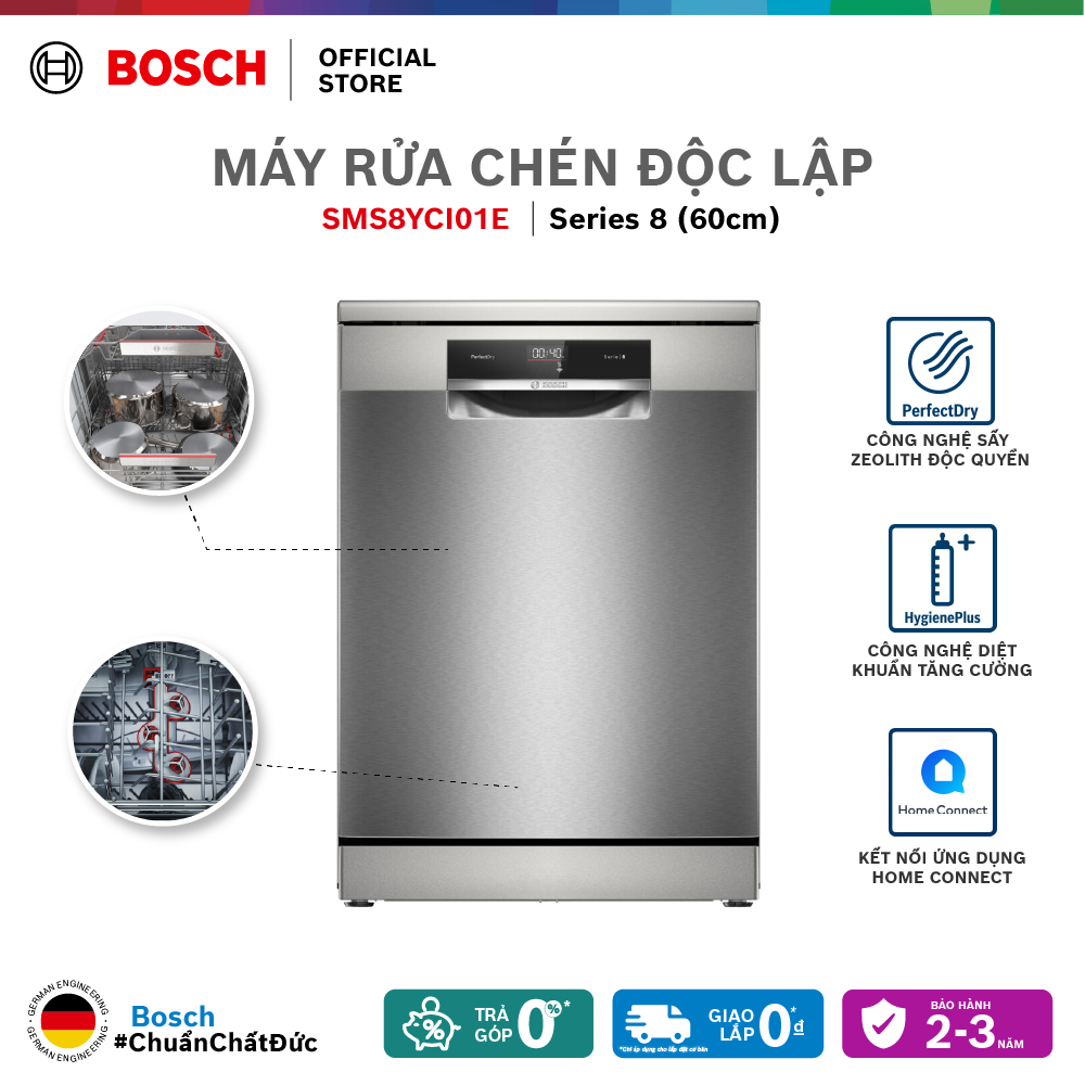Máy rửa chén bát độc lập 14 bộ bosch sms8yci01e - series 8 - hàng chính hãng