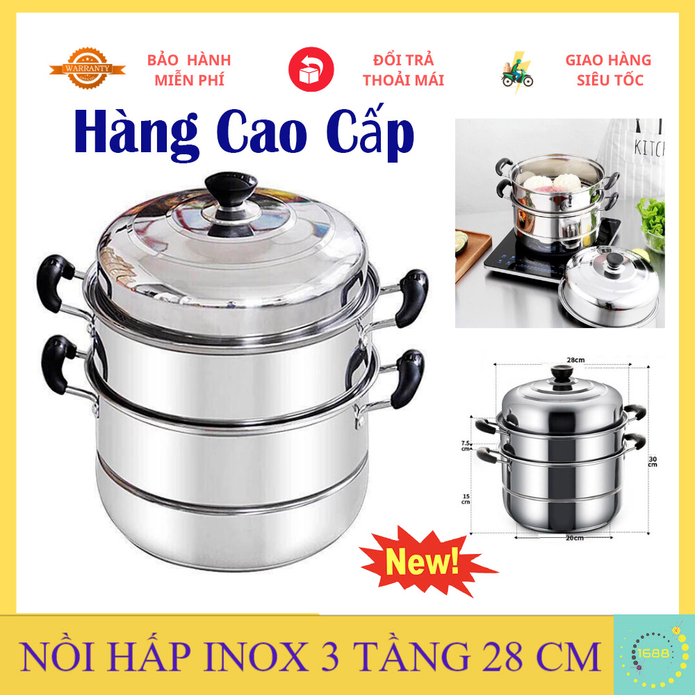 Nồi Hấp Inox 3 tầng 28cm Đa Năng Nhà Bếp, Bộ nồi hấp đa năng 3 tầng inox cao cấp dùng được trên Bếp Ga, Bếp Từ, Bếp Hồng Ngoại, nồi hấp cách thủy đa năng tiện dụng, Nồi hấp xửng hấp bánh bao kiêm nồi luộc gà inox 3 tầng
