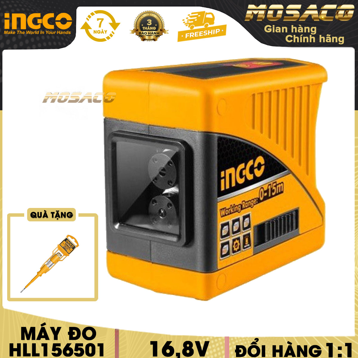 Máy đo laser xây dựng INGCO HLL156501 phạm vi làm việc 0 ~ 15m. Máy cân mực laser độ chính xác đo ± 1,5mm thời gian đo <4s, Góc đo ≤4° loại laser 650nm, Lớp LaserⅡ, <1mW - MOSACO