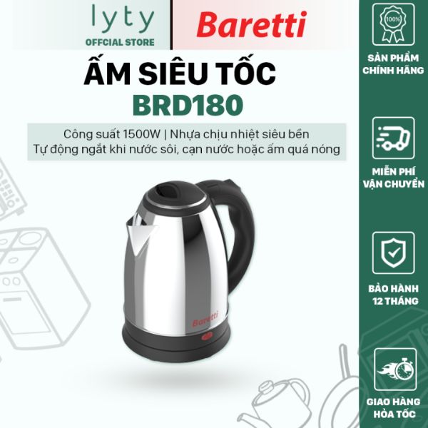 Ấm siêu tốc inox 1.8l baretti brd180 gdpt-công suất-1500w nắp ấm nhựa chịu nhiệt siêu bền tay cầm-nhựa chịu nhiệt siêu bền