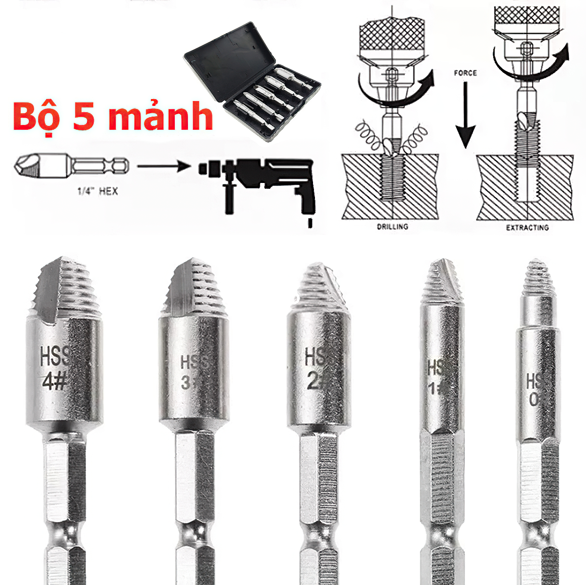 Bộ dụng cụ tháo vít gãy 5 món Mũi khoan phá ốc vít hỏng, vặn lấy vít bị toét đầu