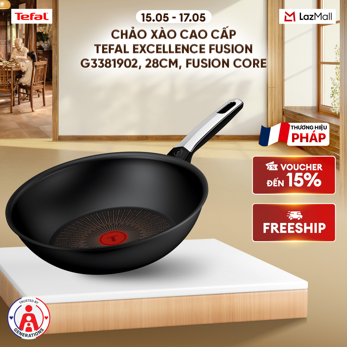 Chảo xào cao cấp Tefal Excellence Fusion G3381902, 28cm, Fusion Core