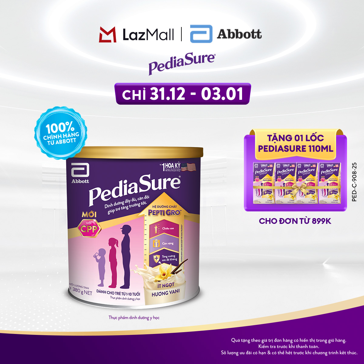   CHỈ 31.12 - 03.01 TẶNG QUÀ CHO ĐH 899K-SLCH  Lon sữa bột Pediasure B A hương vani 380g  Mẫu mới  