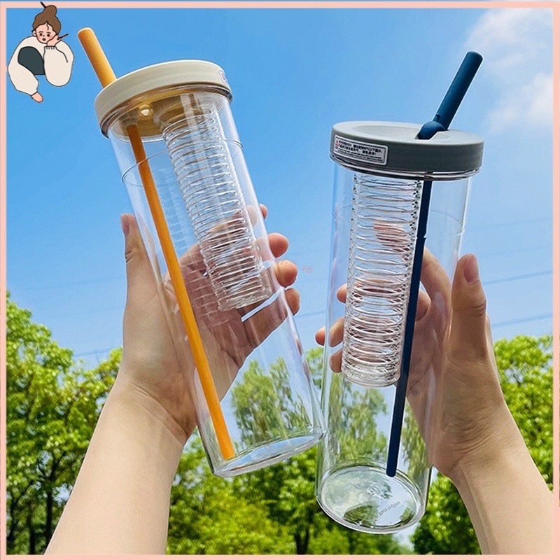 Bình nước detox trong suốt 700ml có ống hút tiện dụng