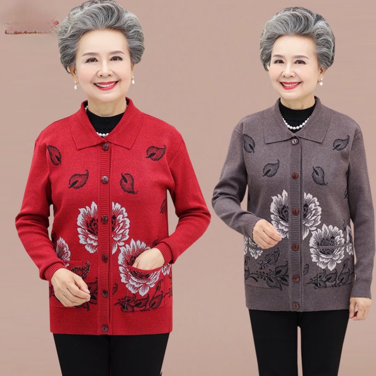 Áo khoác len trung niên nữ- áo len nữ cài cúc họa tiết hoa sang trọng, áo len bà già, áo cardigan nữ
