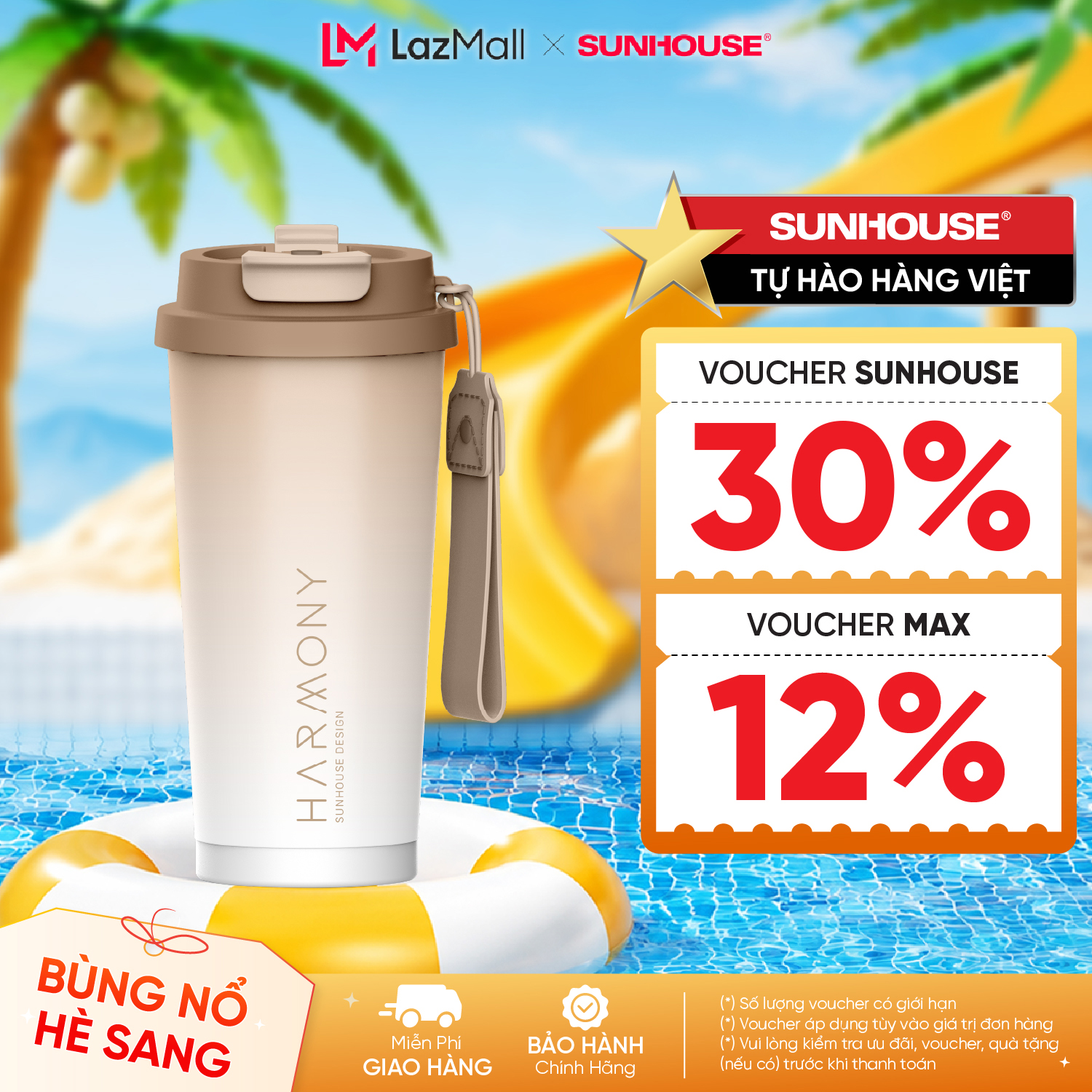 Bình giữ nhiệt Harmony 500ml Sunhouse KS-TU500HB/KS-TU500HW - Inox 304 an toàn - Nắp bật tiện lợi - Zoăng kín chống dò nước