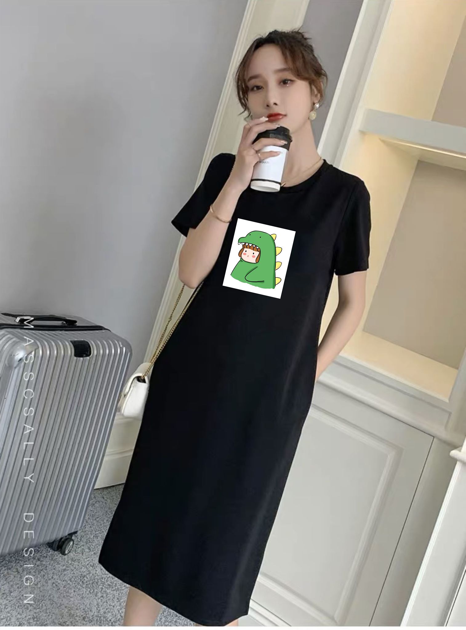 [HCM]SALE!! Đầm suông in hình khủng long xanh hot trend vải thun co giãn tốt có size to 2XL