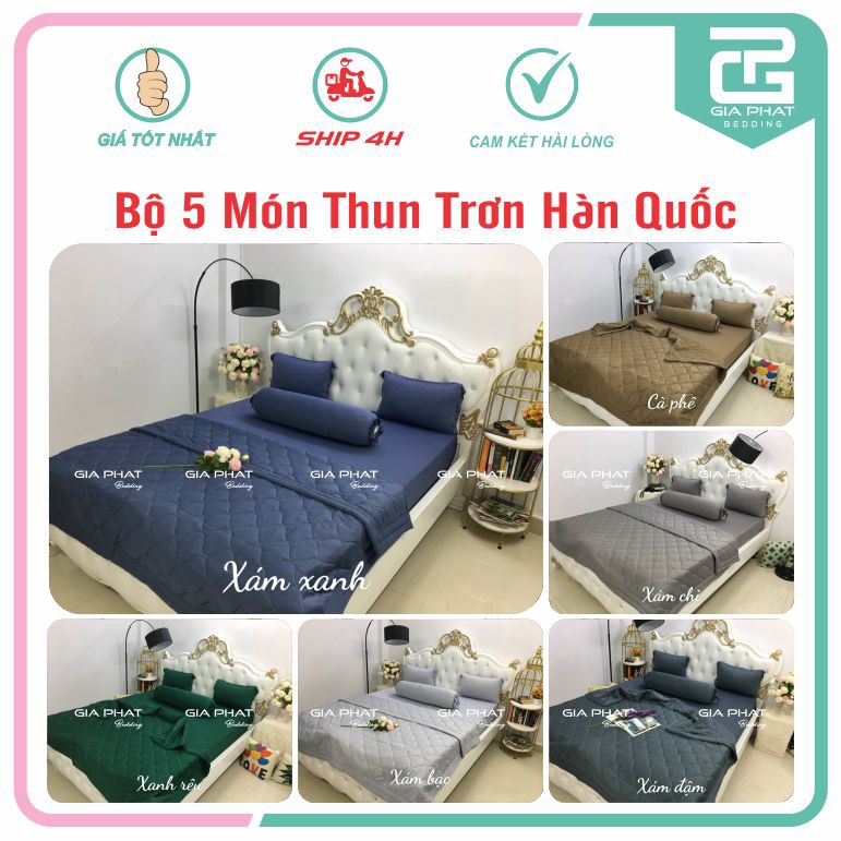 Bộ chăn ga gối Thun Lạnh Hàn Quốc màu trơn 5 món ( 1 mền chần bông +1 ga + 2 gối nằm + 1 gối ôm)