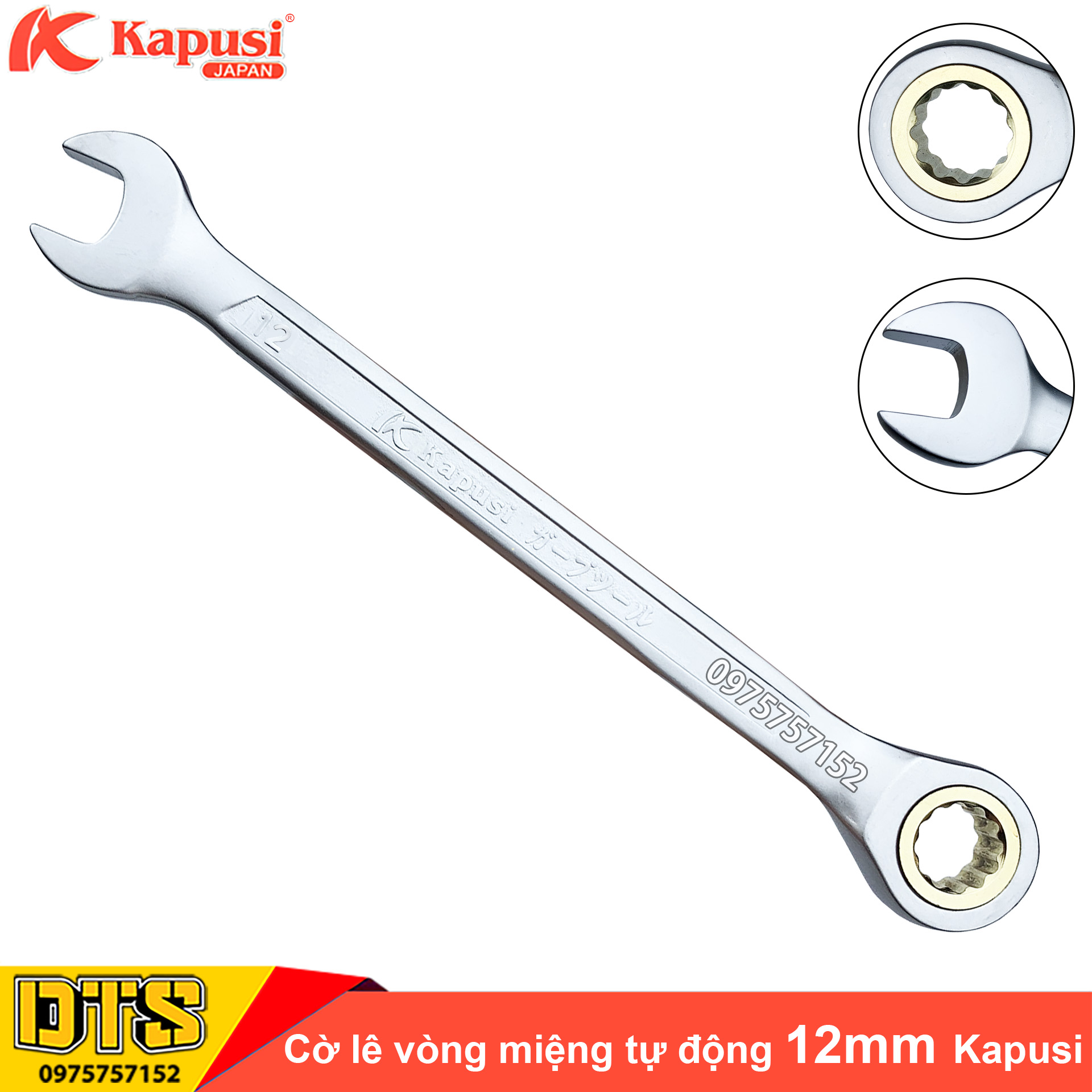 Cờ lê vòng miệng tự động 12mm Kapusi Japan, thép CR-V chịu lực cao 50BV30, đầu tròng xoay bánh cóc 72 răng - Cờ lê tự động xoay 360 độ, cờ lê bánh cóc, cờ lê tròng xoay