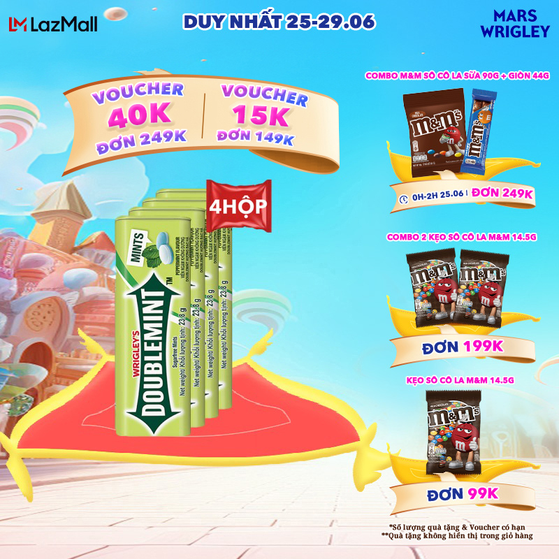 [25-29.06 - Voucher Doublemint 15% Đơn 10K] Combo 4 hộp viên ngậm không đường Doublemint hương bạc hà hộp 35 viên