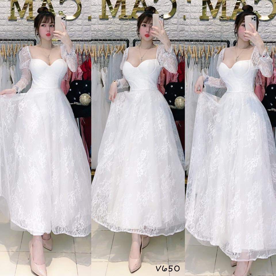 [HCM]Đầm maxi dự tiệc tay dài chất ren mi có lót sang trọng TTDRESS -Size M/L -  MS168V