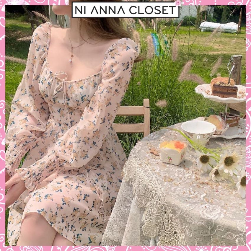 Váy đầm nữ đầm voan hoa nhí cổ chữ u tay phồng váy voan trễ vai tay bồng dáng xòe ni anna closet ni026, tặng mặt nạ dưỡng da 39k