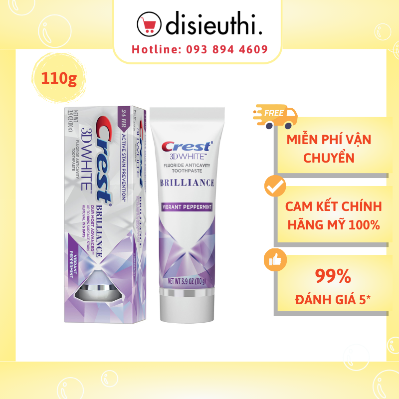 Kem Đánh Răng Crest 3D White Brilliance Vibrant Peppermint Giúp Răng Trắng Sáng, Chắc Khỏe Chống Lại Các Vết Bẩn, Ngăn Ngừa Sâu Răng