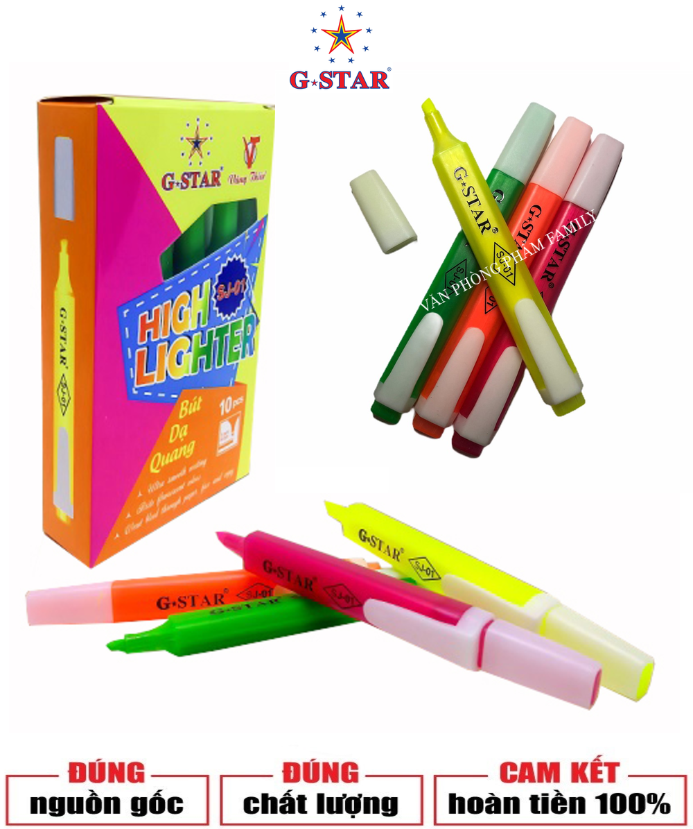 Combo 4 cây dạ quang 4 màu ( xanh lá, vàng, cam, hồng ) G-STAR có màu mực tươi sáng, phản quang tốt, nét viết hoặc đánh dấu đều và liên tục, không độc hại