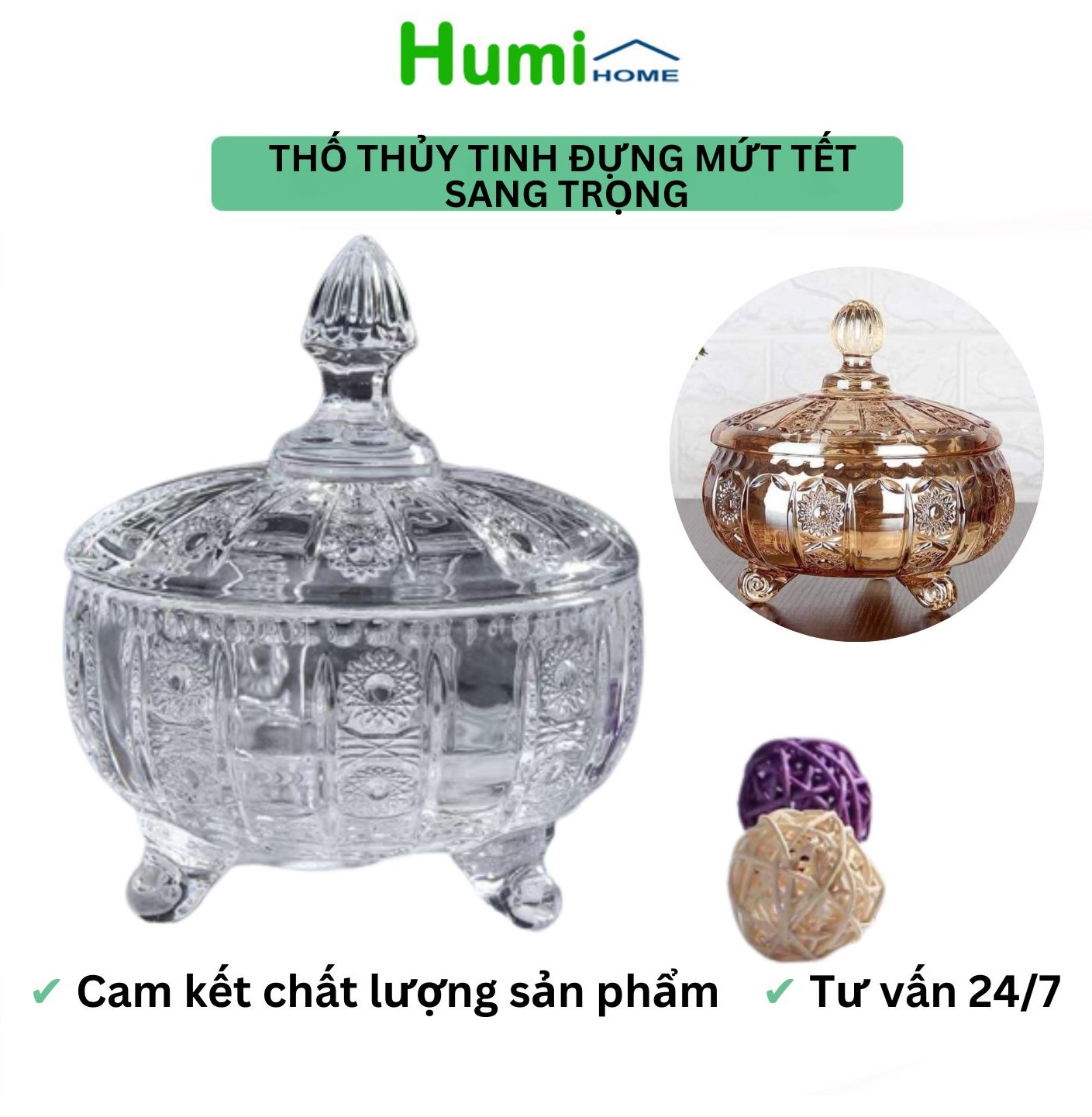 Thố mứt thuỷ tinh pha lê 3 chân cao cấp - Thố đựng mứt thủy tinh cao cấp có nắp đựng mứt kẹo bánh ô mai hướng dương Tết sang trọng