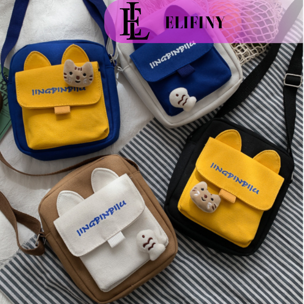 Túi Đeo Chéo Mini Vải Canvas Tai Mèo Phong Cách Thời Trang Nhật Bản Cute Xinh Xắn