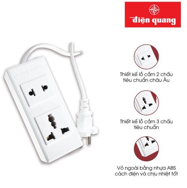 Ổ cắm điện quang 2 lỗ 2 mét 2500w 10a 250v abs đq 001a-02