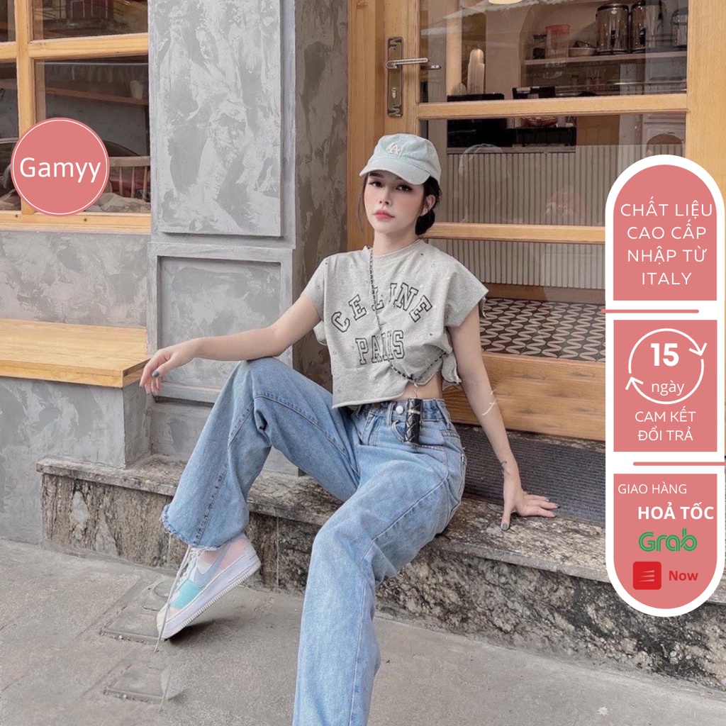 Quần Bò Nữ Gamyy Quần Jeans Ống Rộng Lưng Cao Vải Bò Dày Đẹp Không Giãn Dáng Suông