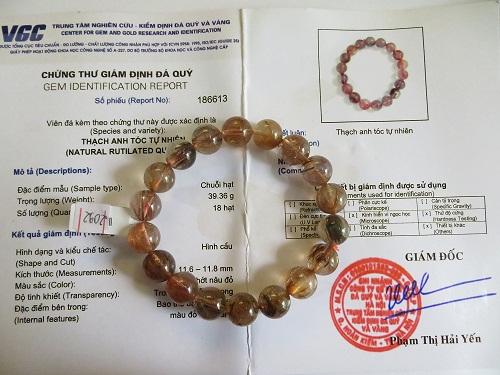 Vòng tay đá thạch anh tóc đỏ tự nhiên hạt 12 ly đã kiểm định MS186613