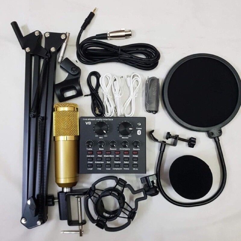 Combo trọn bộ livestream, thu âm, hát karaoke onlie BM-900 ,Sound Card V8 bluetooth, chân kẹp màng lọc tai nghe