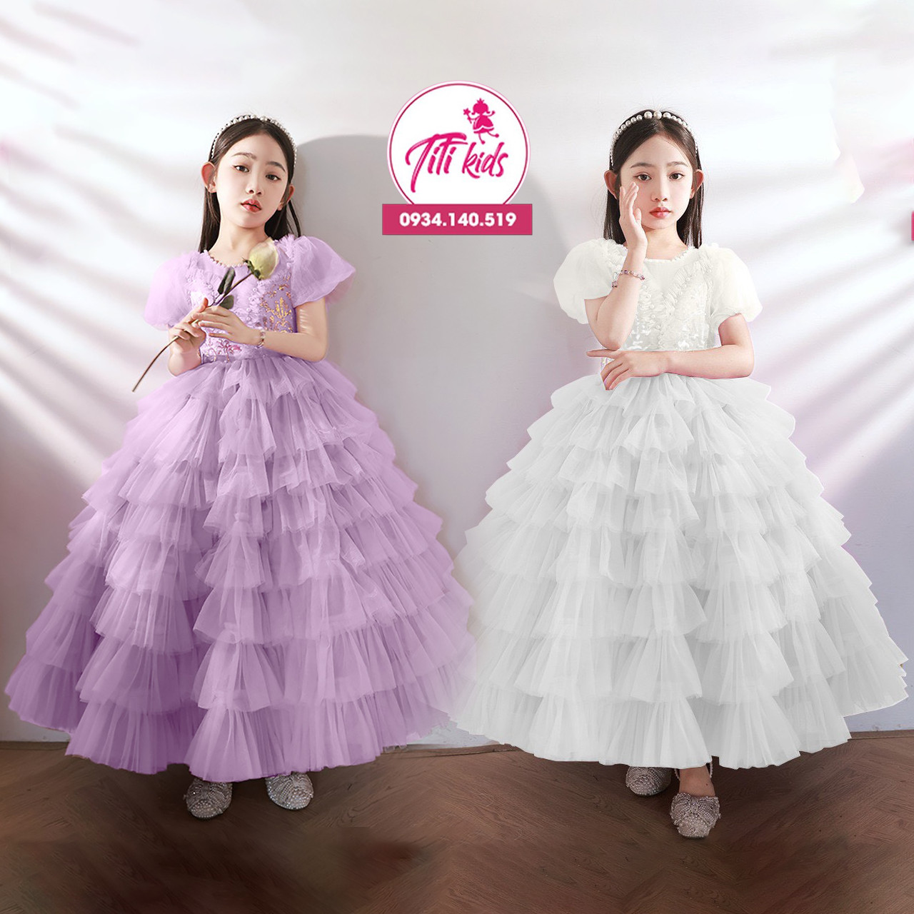 Đầm váy dự tiệc cho bé gái titikids đầm tầng thêu hoa tím cc252