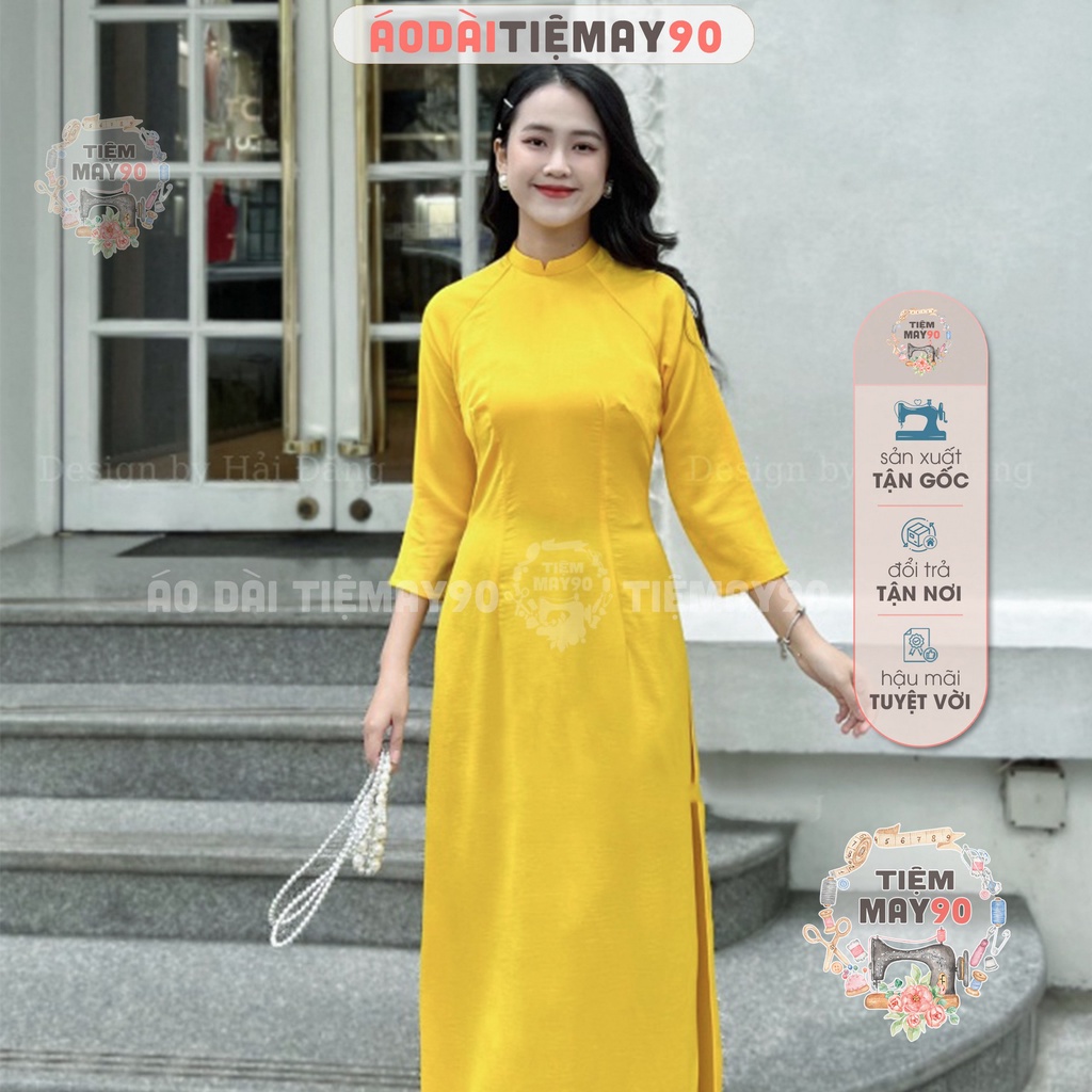 Áo dài màu trơn cổ vuông cao 2cm truyền thống may sẵn vải tây thi co giãn mặc dự tiệc lễ tết đám cưới hỏi đẹp AD90143