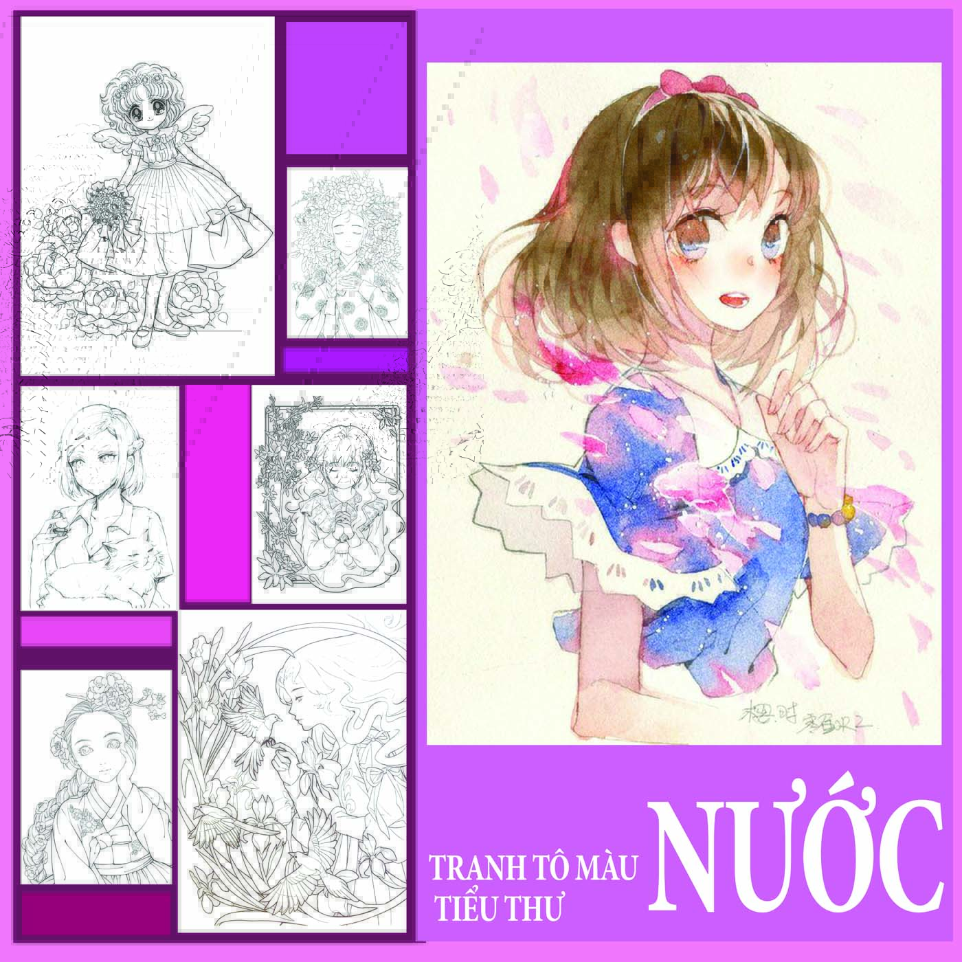 Bộ 20 tranh tô màu nước,dạ,sáp.nội dung hình tiểu thư Manga  khổ a4- chất giấy dày,sần 200gsm.Được chọn hình.