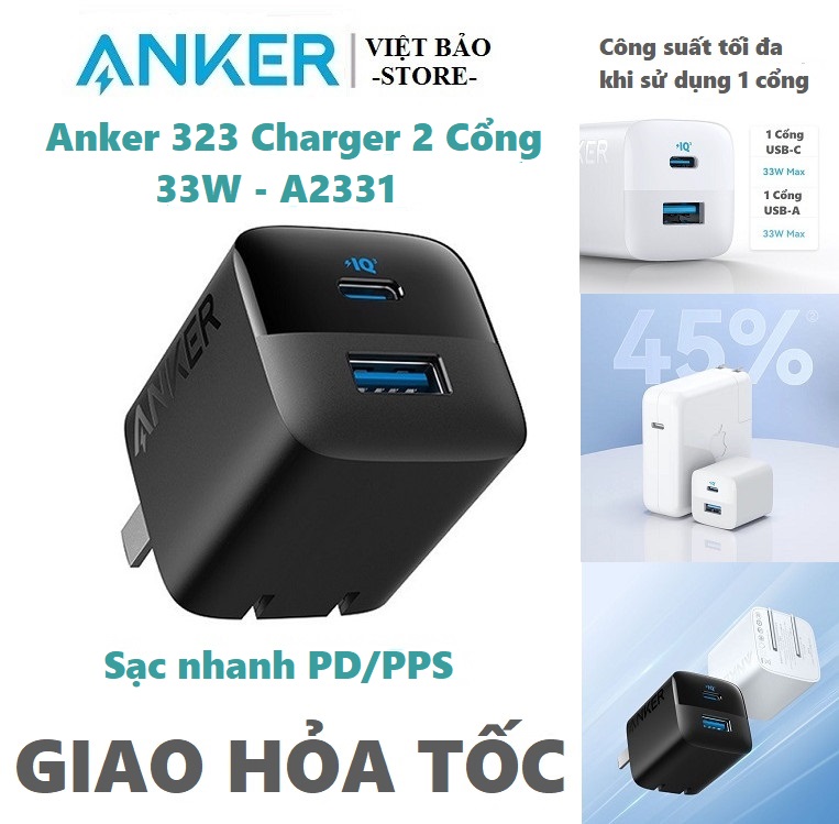 Củ sạc nhanh anker 323 charger a2331 33w 2 cổng 1a1c hỗ trợ pd/pps/iq3