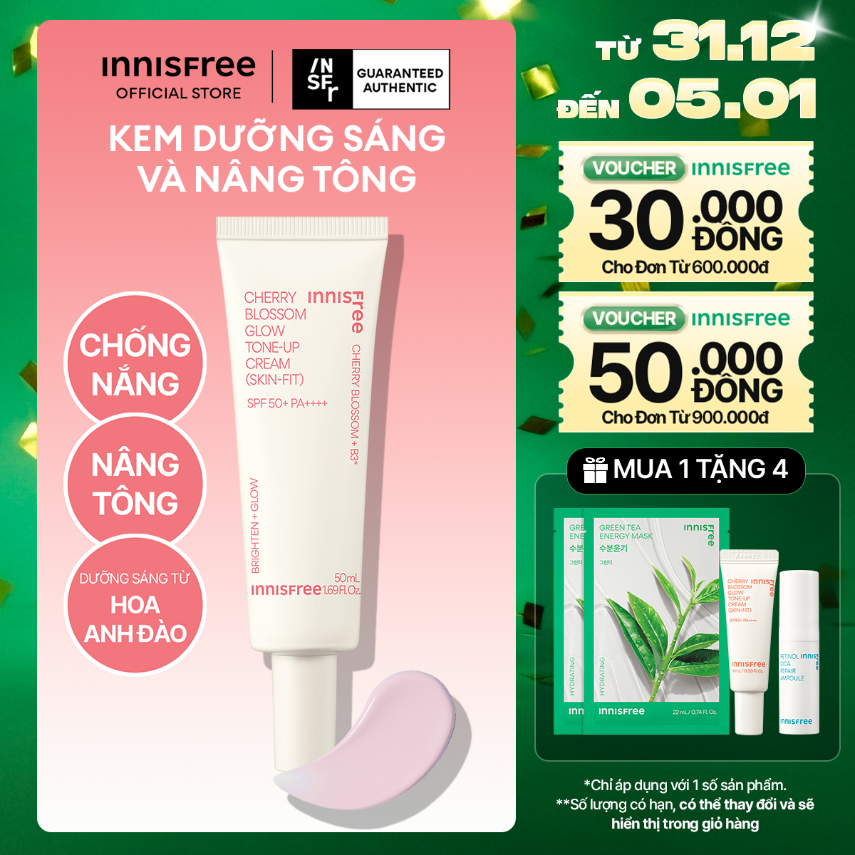  Kem dưỡng ẩm làm sáng chống nắng cho da INNISFREE Jeju Cherry Blossom Skin-Fit Tone-Up Cream SPF 50+PA++++ 50ml 