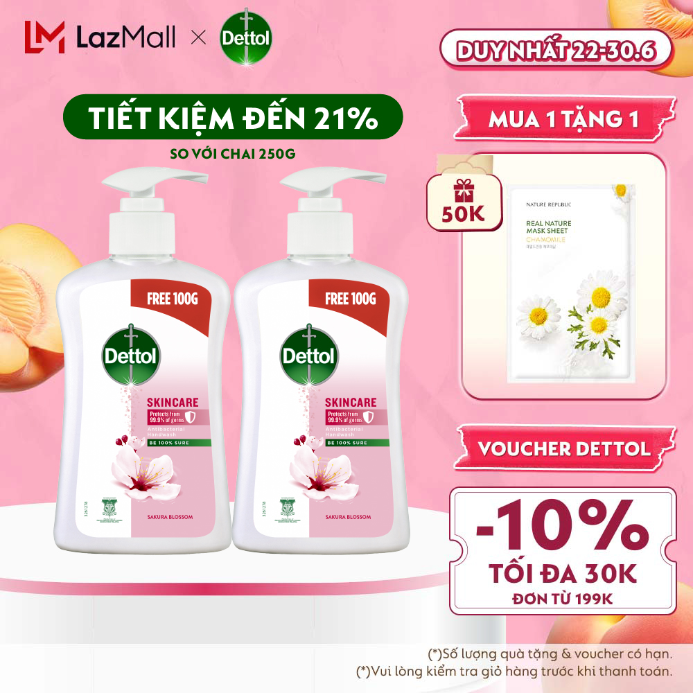 Combo 2 nước rửa tay Dettol kháng khuẩn dưỡng da, hương hoa anh đào - Chai 500g