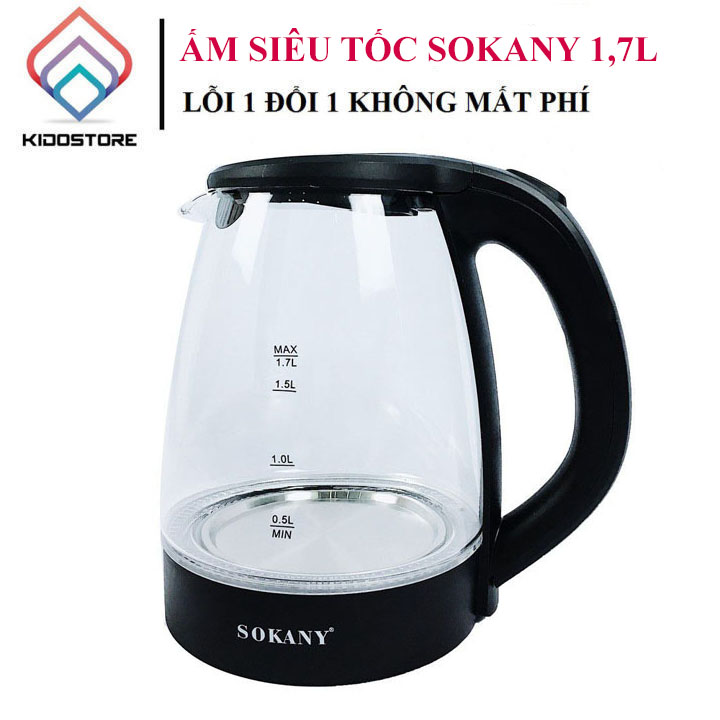 Bình đun siêu tốc, ấm đun siêu tốc, ấm đun nước siêu tốc thủy tinh 1.7L SOKANY công suất mạnh mẽ 2200W đun nhanh [ BẢO HÀNH 12 THÁNG ]